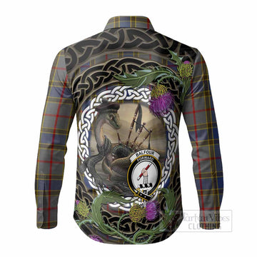 Balfour Tartan Crest Bagpipe Nessie Long Sleeve Button Shirts Scottish Loch Ness Monster Celtic Thistle
