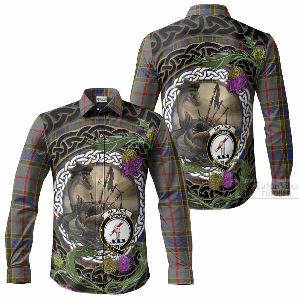 Balfour Tartan Crest Bagpipe Nessie Long Sleeve Button Shirts Scottish Loch Ness Monster Celtic Thistle