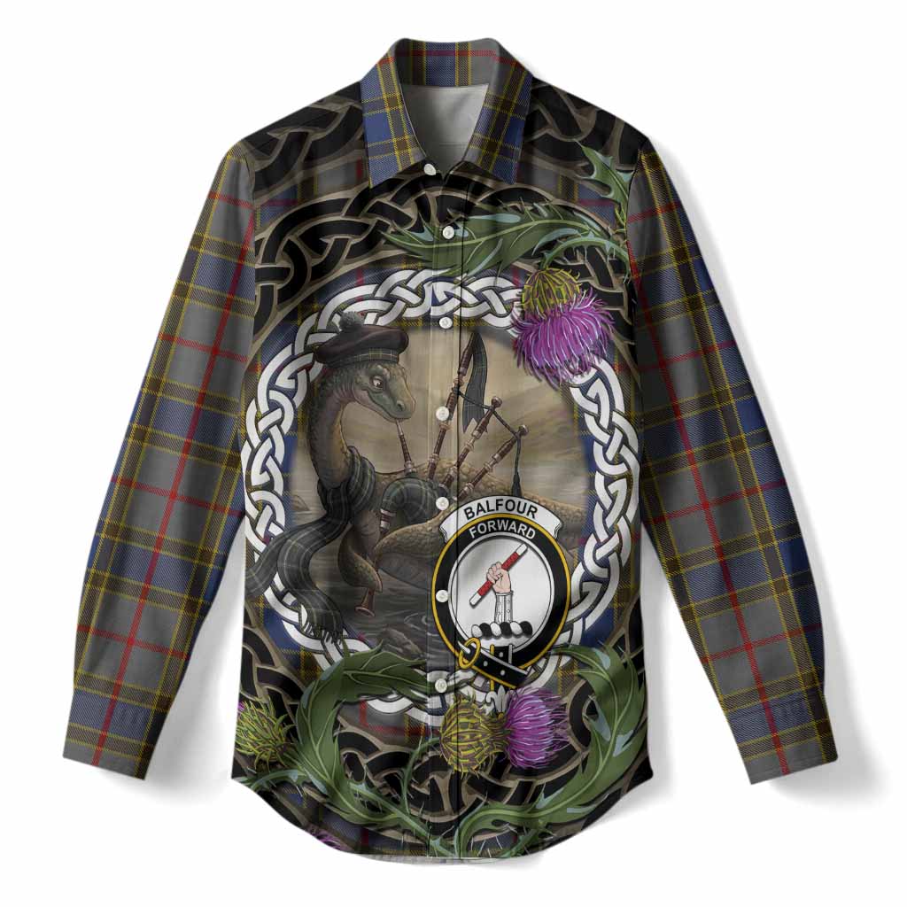 Balfour Tartan Crest Bagpipe Nessie Women Casual Shirt Scottish Loch Ness Monster Celtic Thistle