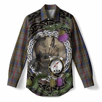 Balfour Tartan Crest Bagpipe Nessie Women Casual Shirt Scottish Loch Ness Monster Celtic Thistle