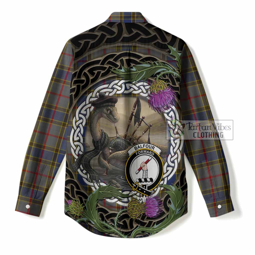 Balfour Tartan Crest Bagpipe Nessie Women Casual Shirt Scottish Loch Ness Monster Celtic Thistle