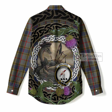 Balfour Tartan Crest Bagpipe Nessie Women Casual Shirt Scottish Loch Ness Monster Celtic Thistle