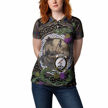 Balfour Tartan Crest Bagpipe Nessie Women Polo Shirt Scottish Loch Ness Monster Celtic Thistle