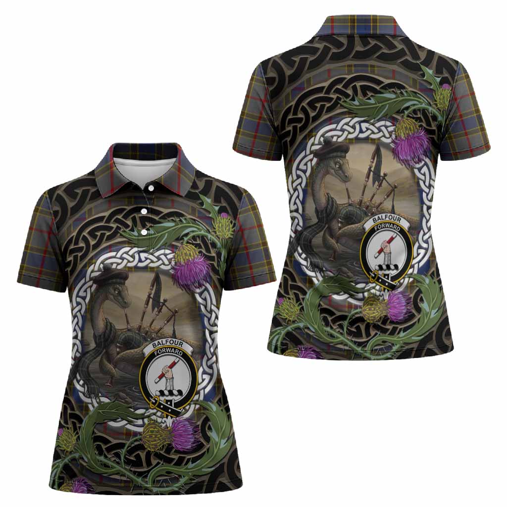 Balfour Tartan Crest Bagpipe Nessie Women Polo Shirt Scottish Loch Ness Monster Celtic Thistle