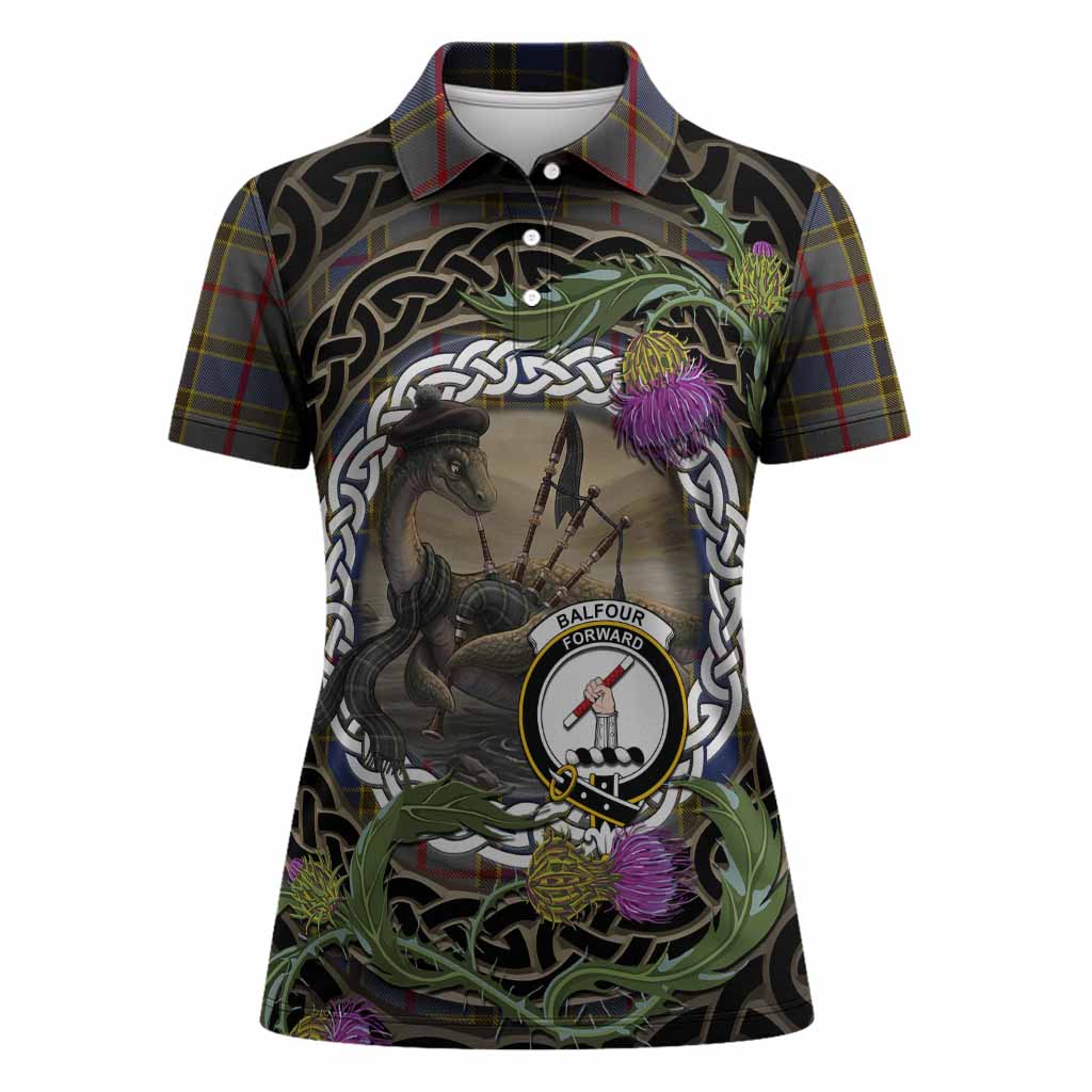Balfour Tartan Crest Bagpipe Nessie Women Polo Shirt Scottish Loch Ness Monster Celtic Thistle