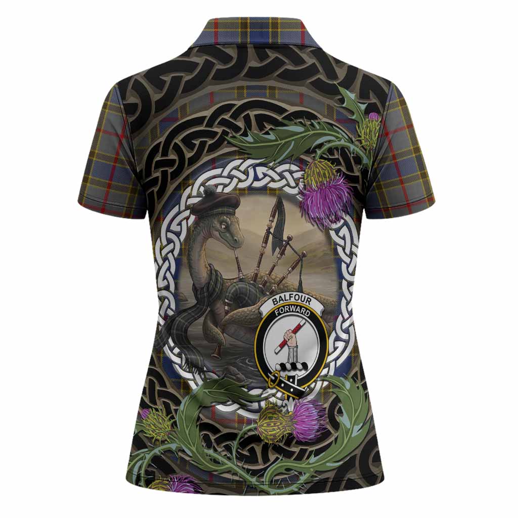 Balfour Tartan Crest Bagpipe Nessie Women Polo Shirt Scottish Loch Ness Monster Celtic Thistle