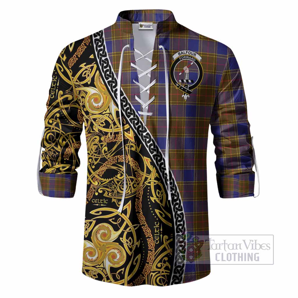 Balfour Tartan Crest Ghillie Shirt Celtic Knot and Triple Trickle Spiral Symbols
