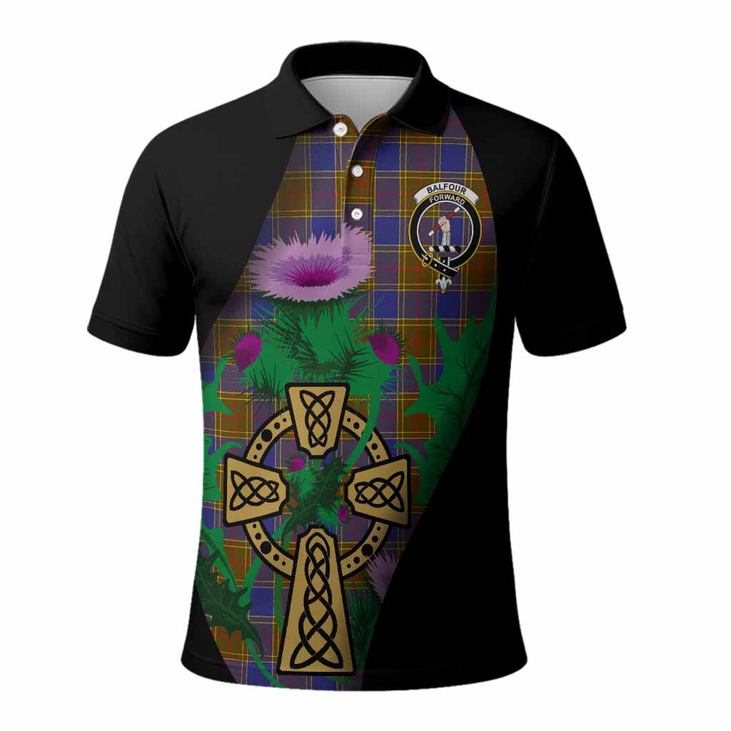Balfour Tartan Crest Polo Shirt Celtic Cross Thistle Flowers