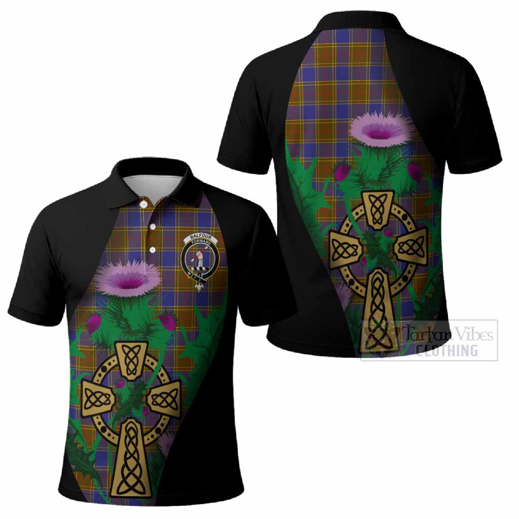 Balfour Tartan Crest Polo Shirt Celtic Cross Thistle Flowers