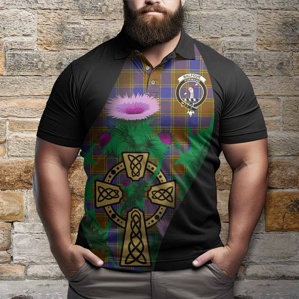 Balfour Tartan Crest Polo Shirt Celtic Cross Thistle Flowers