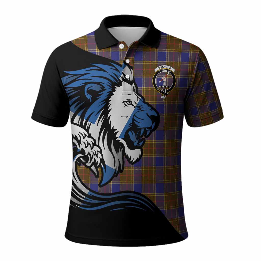 Balfour Tartan Crest Polo Shirt Scottish Golden Lions Wave Flow