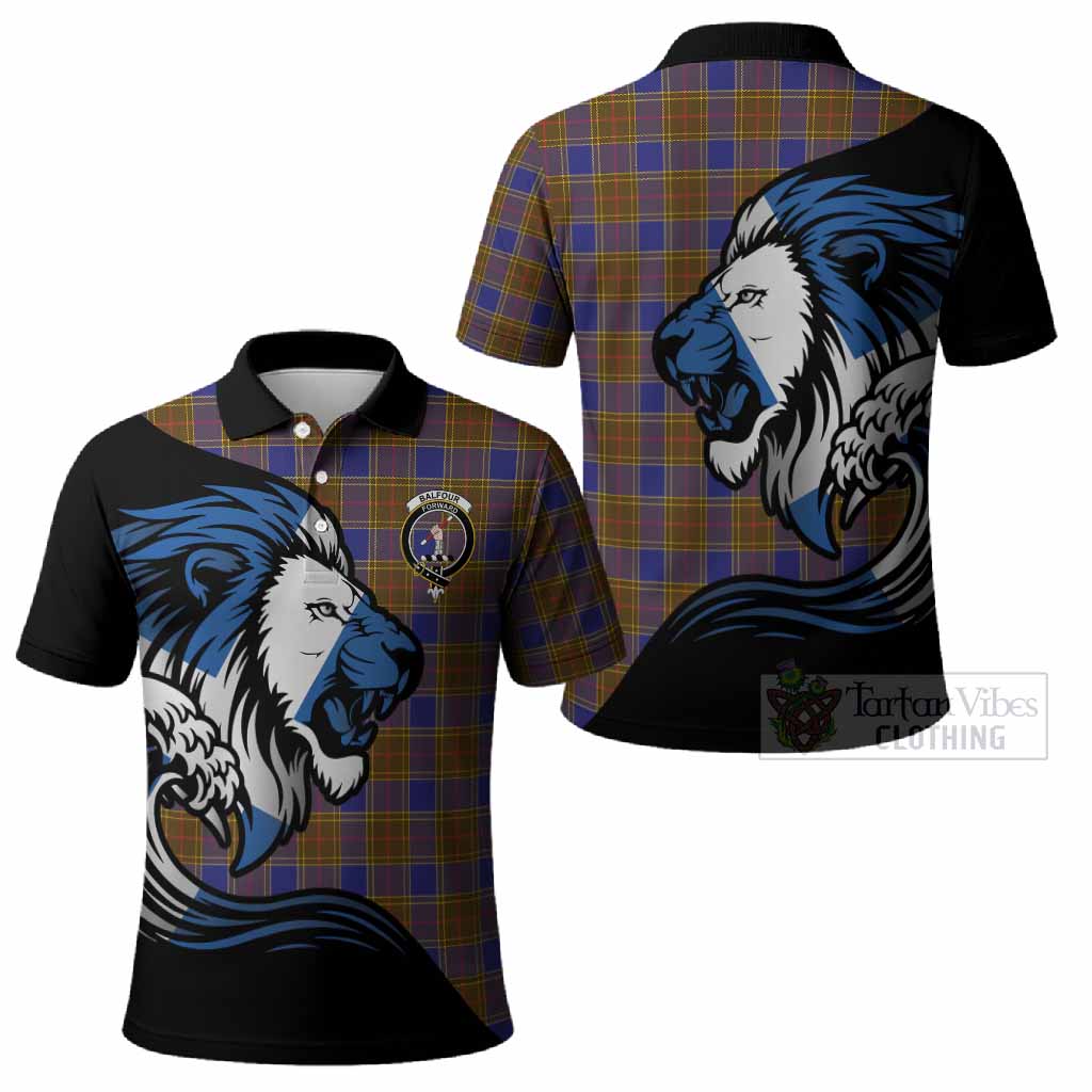 Balfour Tartan Crest Polo Shirt Scottish Golden Lions Wave Flow