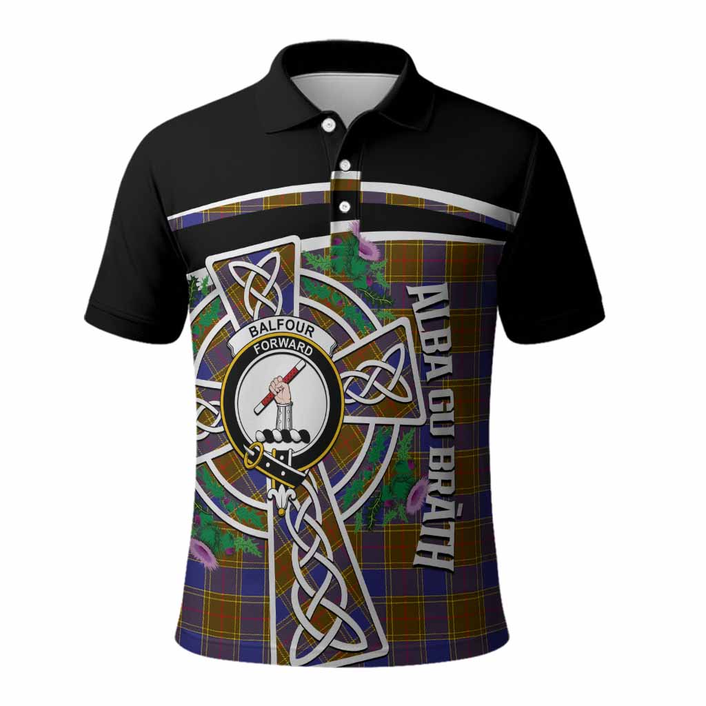 Balfour Tartan Crest Polo Shirt Scottish Thistle Celtic Cross Alba Gu Brath