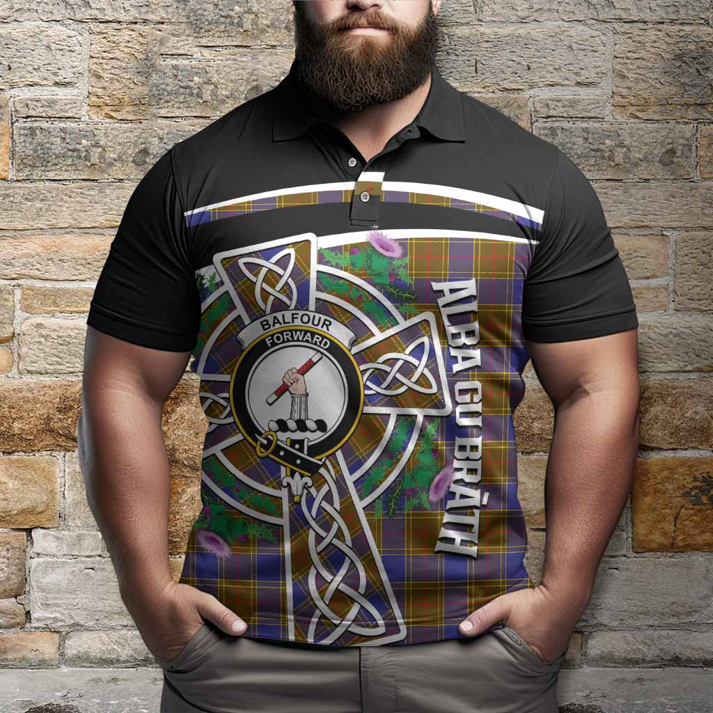 Balfour Tartan Crest Polo Shirt Scottish Thistle Celtic Cross Alba Gu Brath