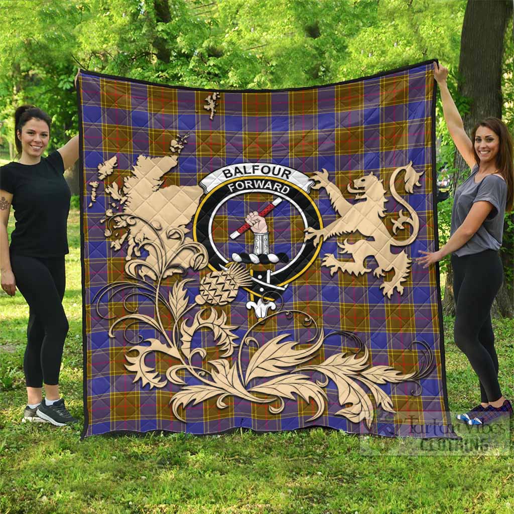 Balfour Tartan Crest Premium Quilt with Scottish Iconic Symbols 