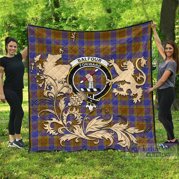 Balfour Tartan Crest Premium Quilt with Scottish Iconic Symbols 