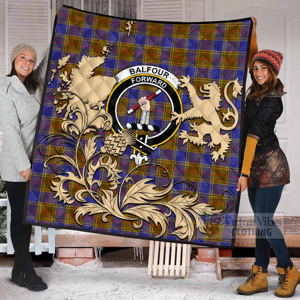 Balfour Tartan Crest Premium Quilt with Scottish Iconic Symbols 