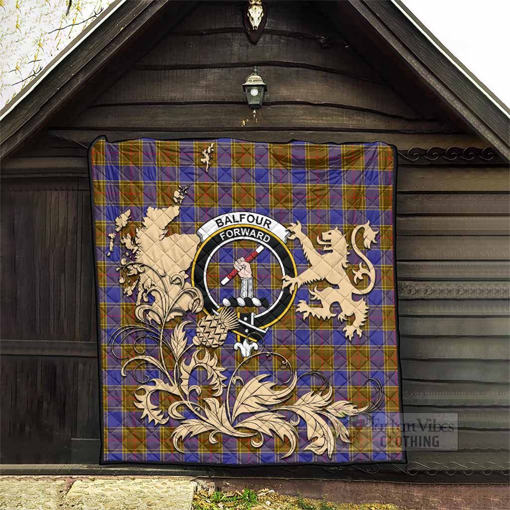 Balfour Tartan Crest Premium Quilt with Scottish Iconic Symbols 