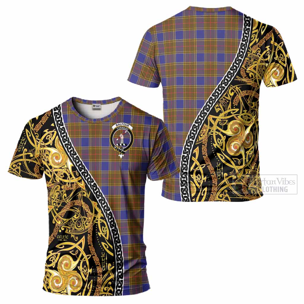 Balfour Tartan Crest T-Shirt Celtic Knot and Triple Trickle Spiral Symbols