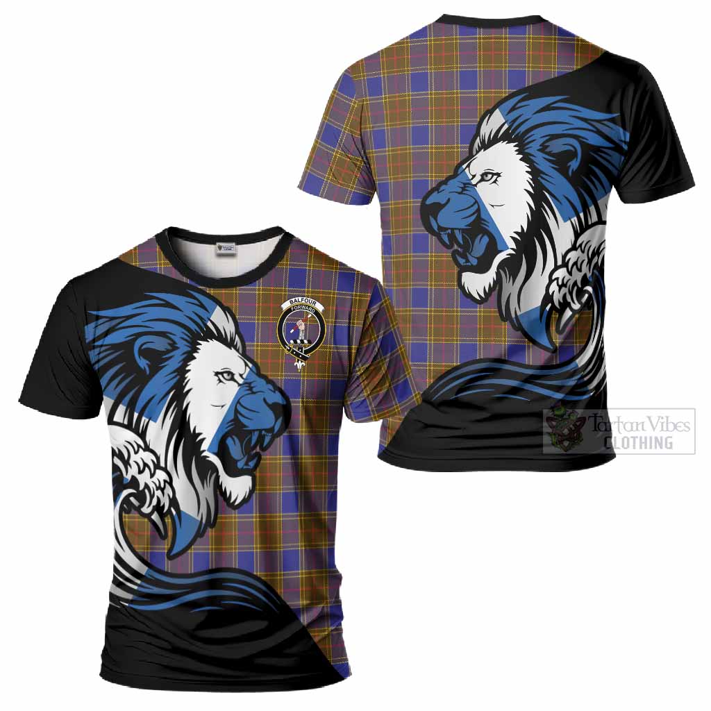 Balfour Tartan Crest T-Shirt Scottish Golden Lions Wave Flow
