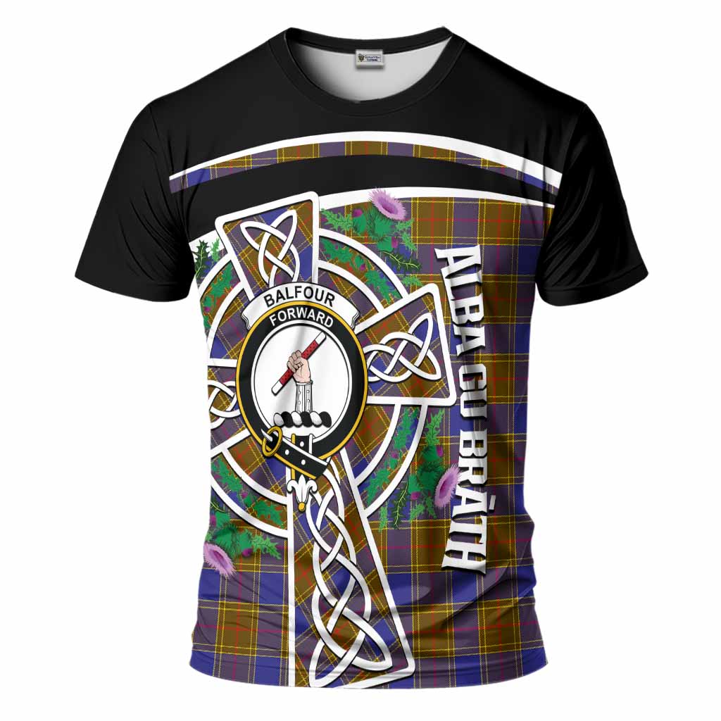 Balfour Tartan Crest T-Shirt Scottish Thistle Celtic Cross Alba Gu Brath