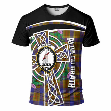 Balfour Tartan Crest T-Shirt Scottish Thistle Celtic Cross Alba Gu Brath