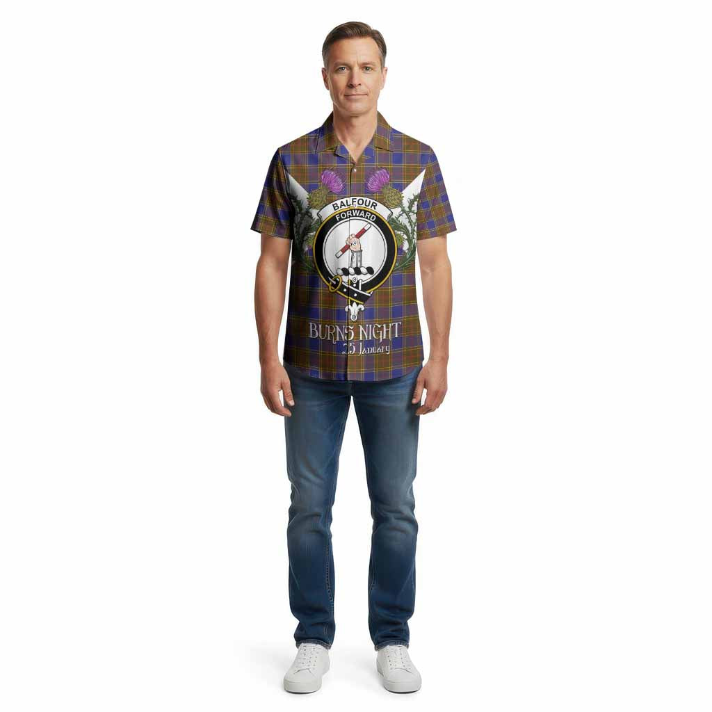 Balfour Tartan Family Crest Cotton Hawaiian Shirt Scottish Burns Night Thistle Floral