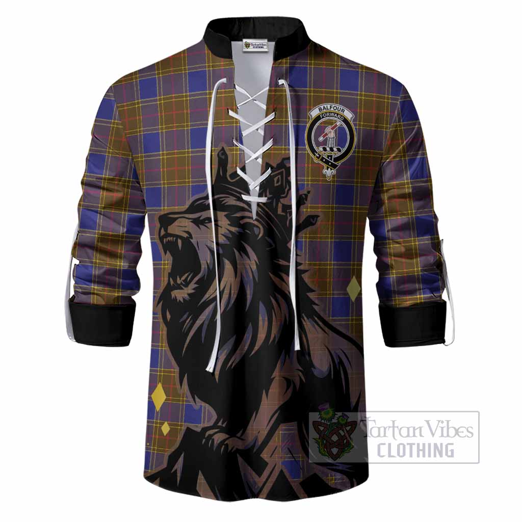 Balfour Tartan Family Crest Ghillie Shirt Crowned Lion Roaring