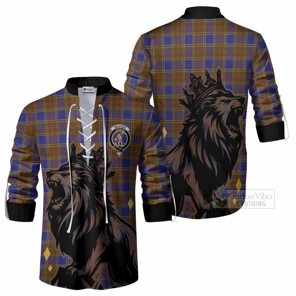 Balfour Tartan Family Crest Ghillie Shirt Crowned Lion Roaring