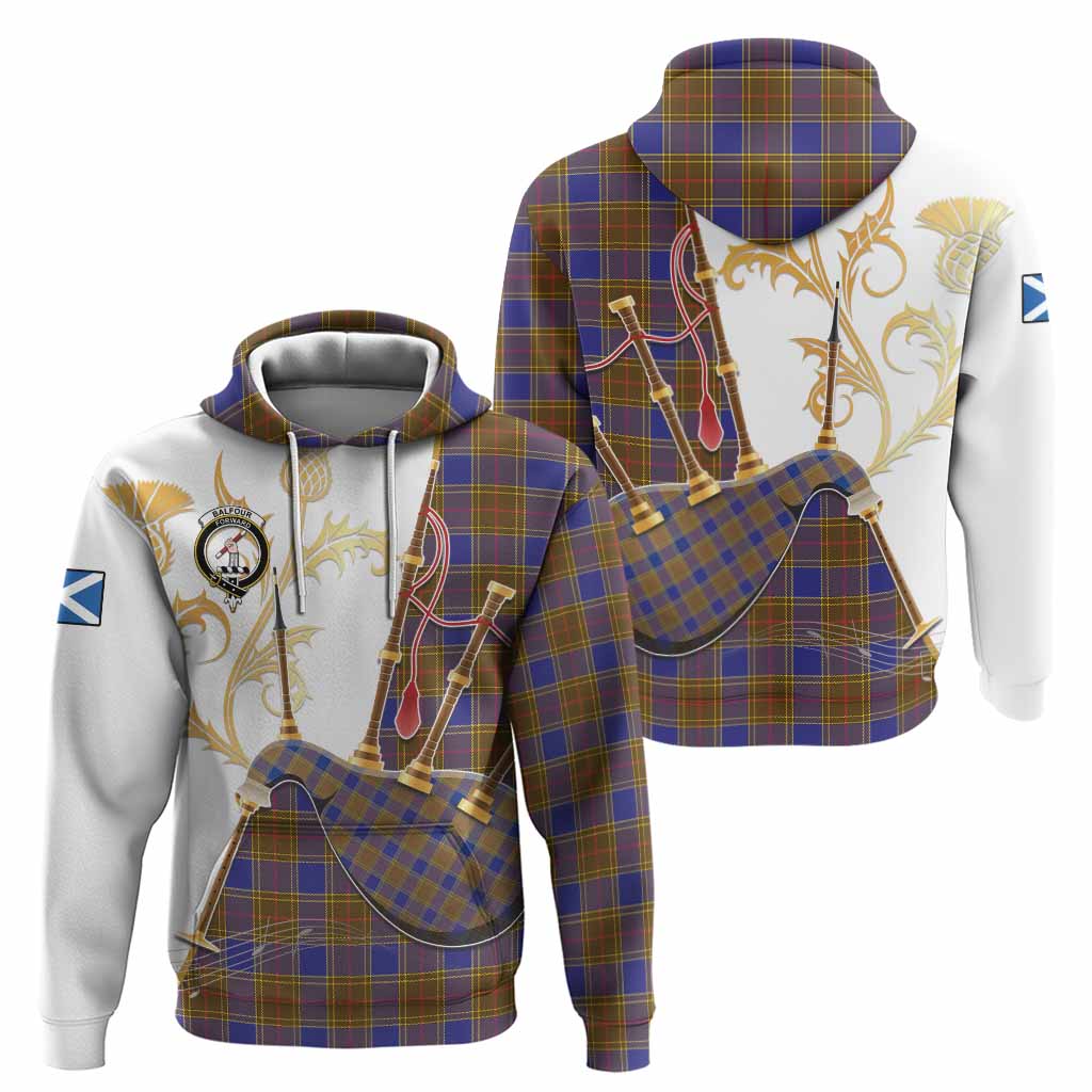 Balfour Tartan Family Crest Hoodie Bagpipes with Scottish Thistle