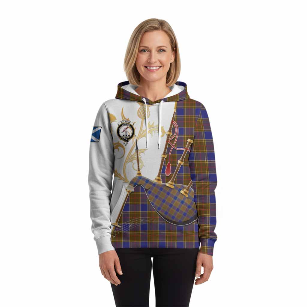 Balfour Tartan Family Crest Hoodie Bagpipes with Scottish Thistle