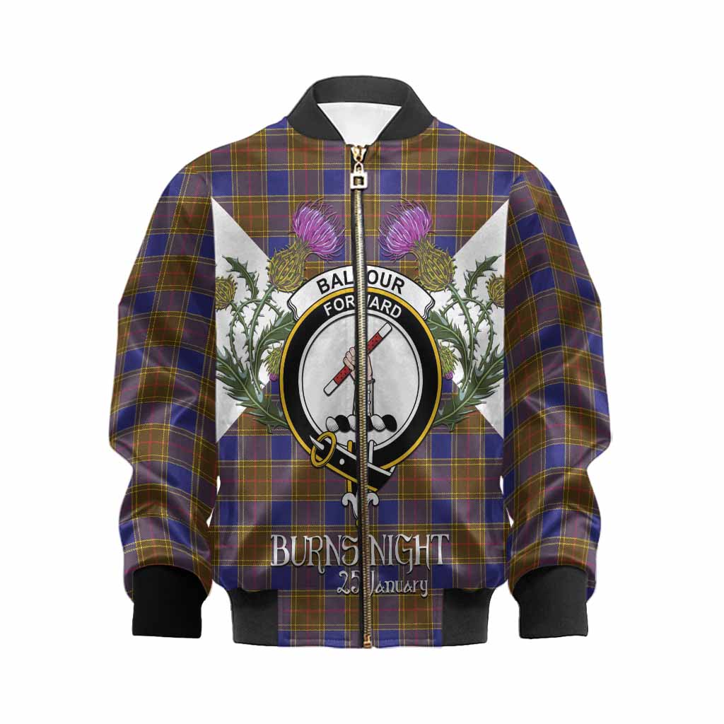 Balfour Tartan Family Crest Kid Bomber Jacket Scottish Burns Night Thistle Floral