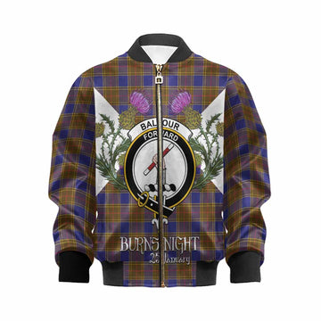 Balfour Tartan Family Crest Kid Bomber Jacket Scottish Burns Night Thistle Floral