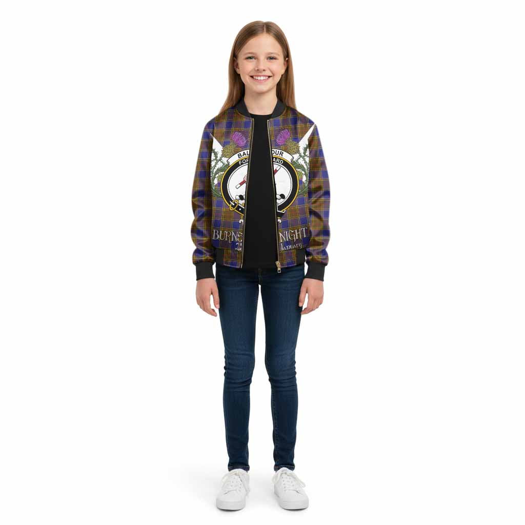 Balfour Tartan Family Crest Kid Bomber Jacket Scottish Burns Night Thistle Floral