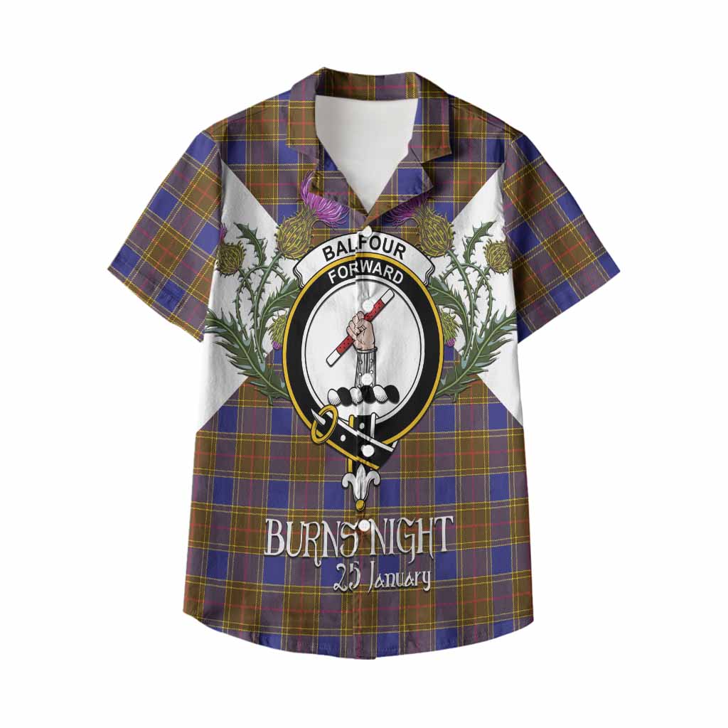 Balfour Tartan Family Crest Kid Hawaiian Shirt Scottish Burns Night Thistle Floral
