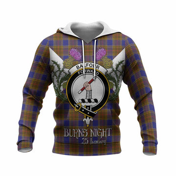 Balfour Tartan Family Crest Knitted Hoodie Scottish Burns Night Thistle Floral