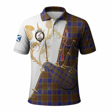 Balfour Tartan Family Crest Polo Shirt Bagpipes with Scottish Thistle