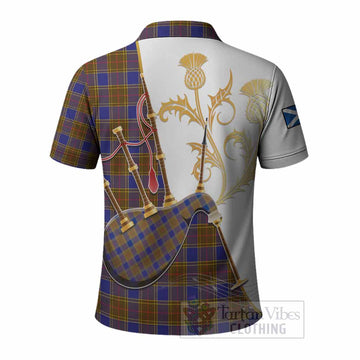 Balfour Tartan Family Crest Polo Shirt Bagpipes with Scottish Thistle