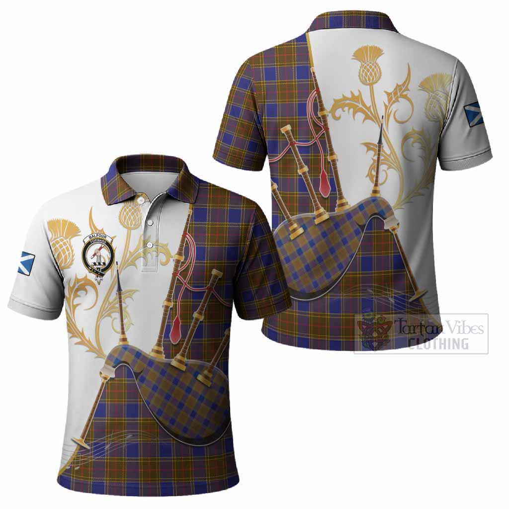 Balfour Tartan Family Crest Polo Shirt Bagpipes with Scottish Thistle