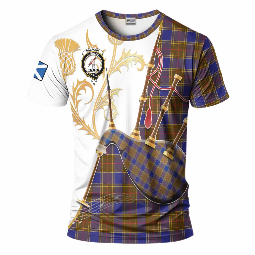 Balfour Tartan Family Crest T-Shirt Bagpipes with Scottish Thistle