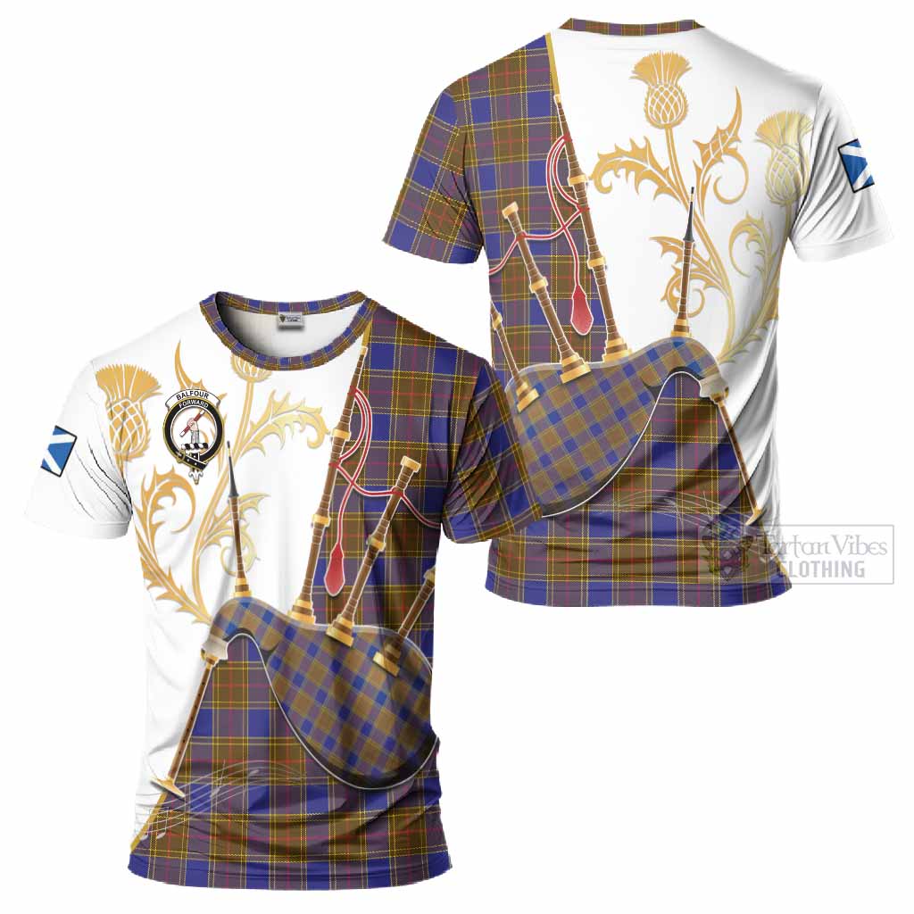 Balfour Tartan Family Crest T-Shirt Bagpipes with Scottish Thistle