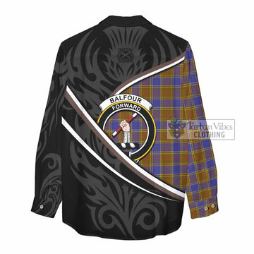 Balfour Tartan Family Crest Women Casual Shirt Celtic Scottish Thistle Floral