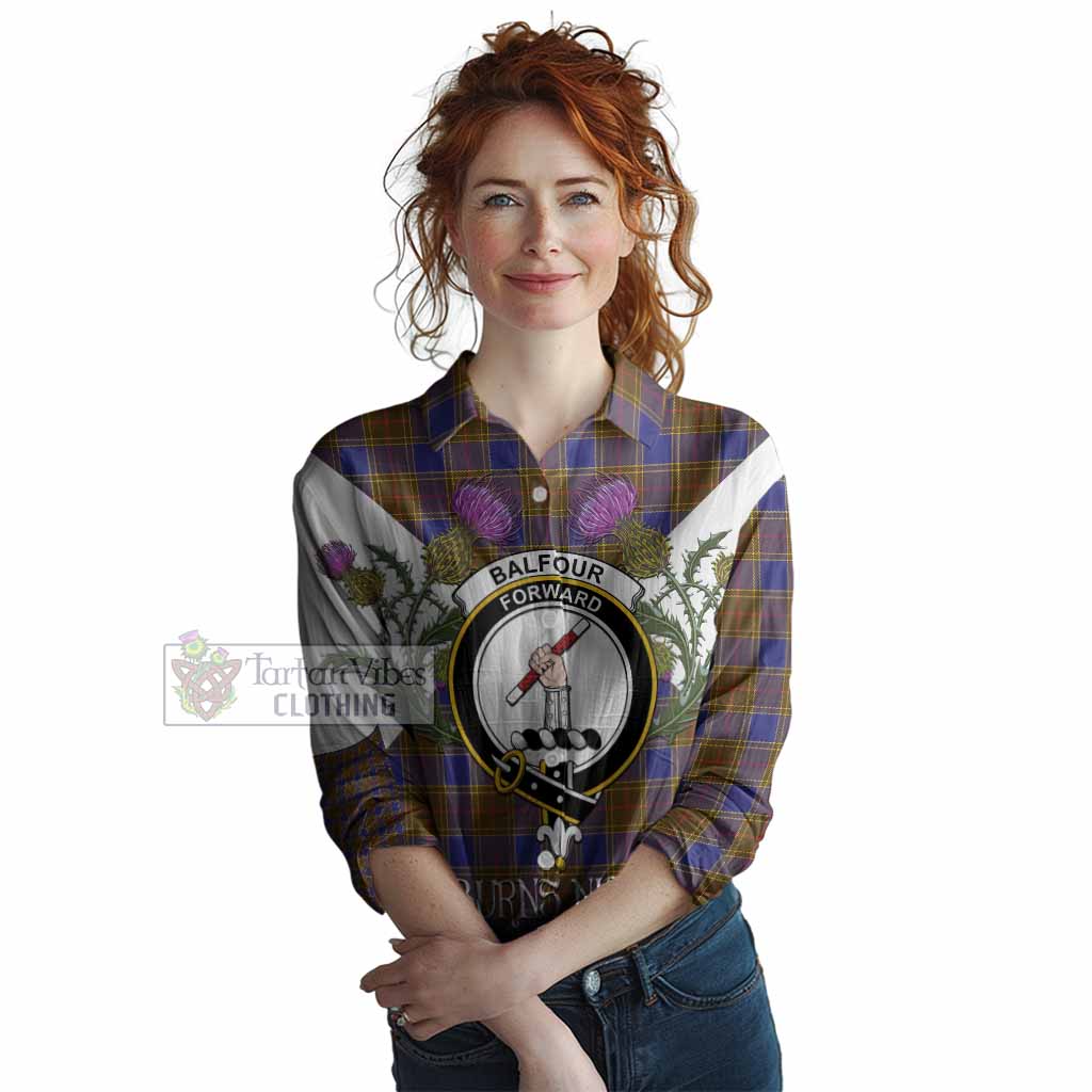 Balfour Tartan Family Crest Women Casual Shirt Scottish Burns Night Thistle Floral