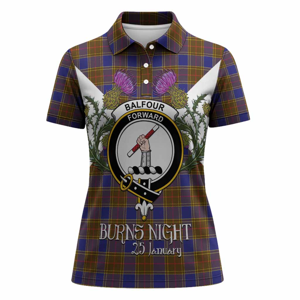 Balfour Tartan Family Crest Women Polo Shirt Scottish Burns Night Thistle Floral