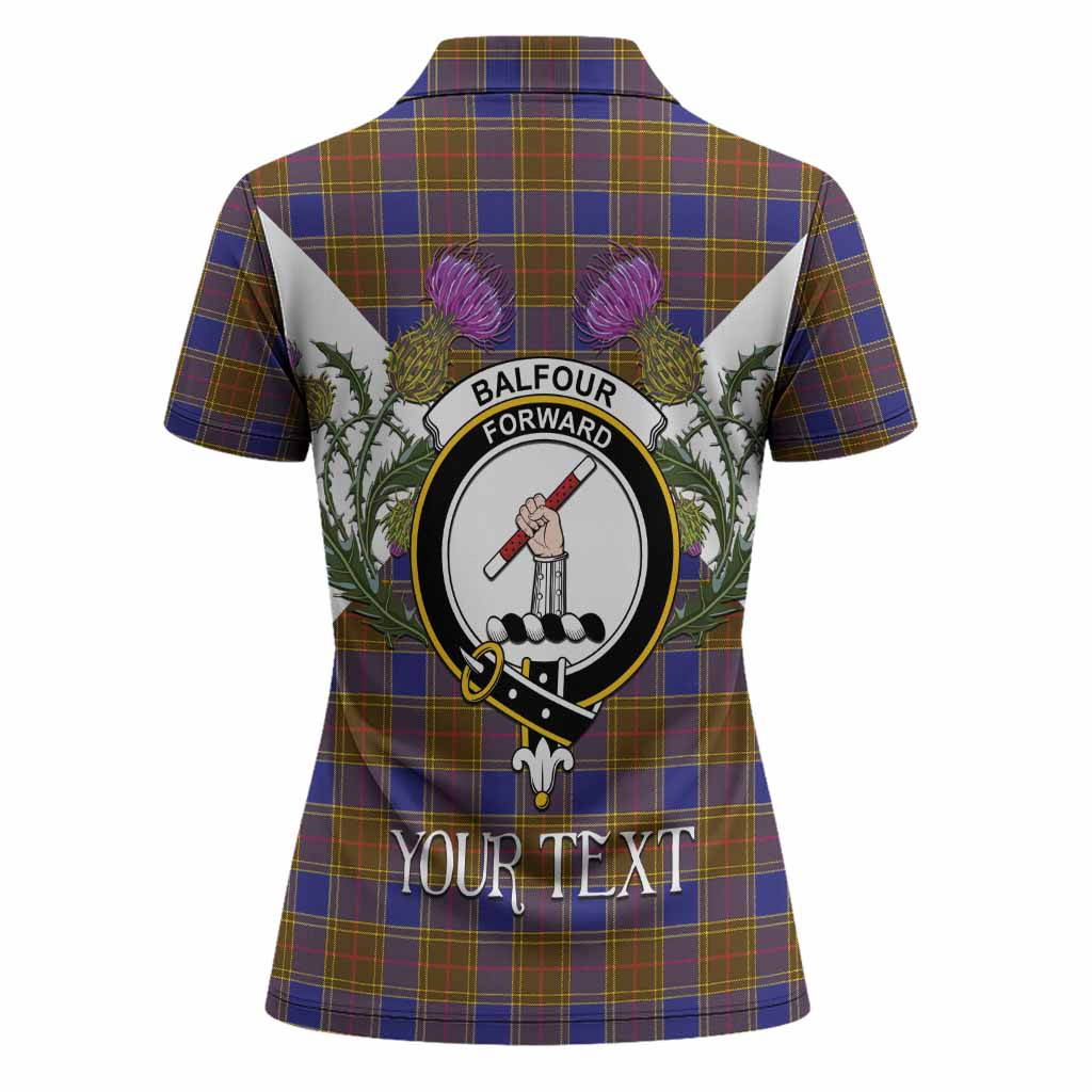 Balfour Tartan Family Crest Women Polo Shirt Scottish Burns Night Thistle Floral
