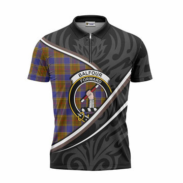 Balfour Tartan Family Crest Zipper Polo Shirt Celtic Scottish Thistle Floral