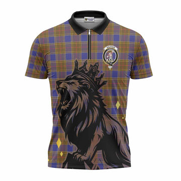 Balfour Tartan Family Crest Zipper Polo Shirt Crowned Lion Roaring
