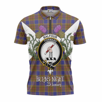 Balfour Tartan Family Crest Zipper Polo Shirt Scottish Burns Night Thistle Floral