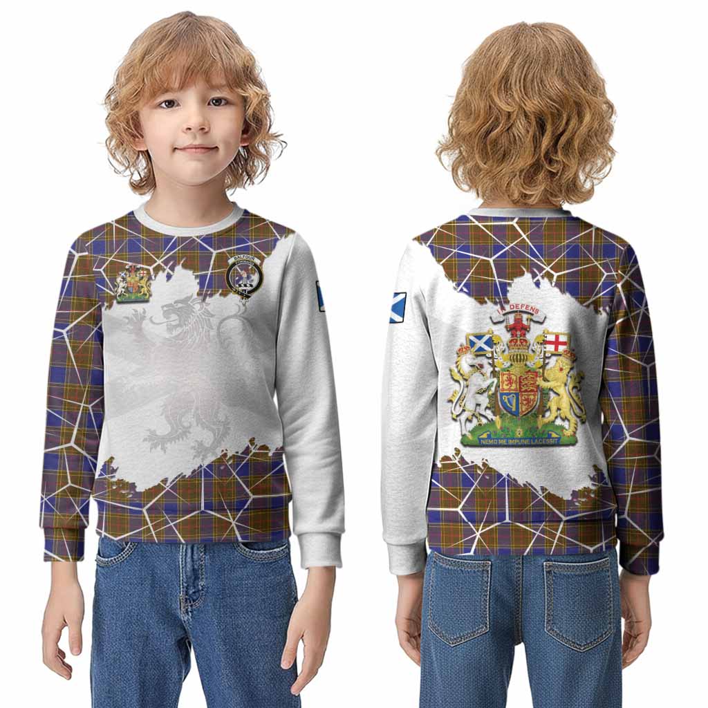 Balfour Tartan Kid Knitted Sweatshirt with Family Crest and Lion Rampant Grunge Style