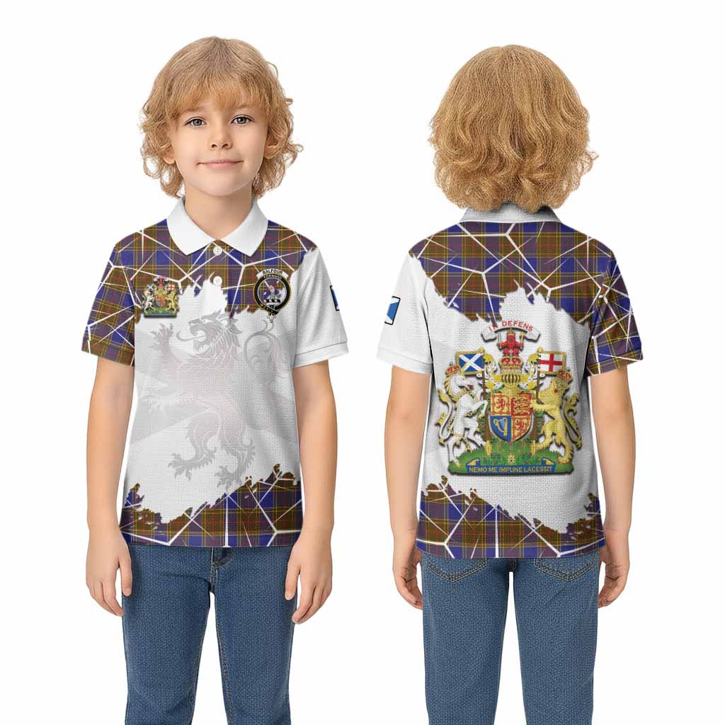Balfour Tartan Kid Polo Shirt with Family Crest and Lion Rampant Grunge Style